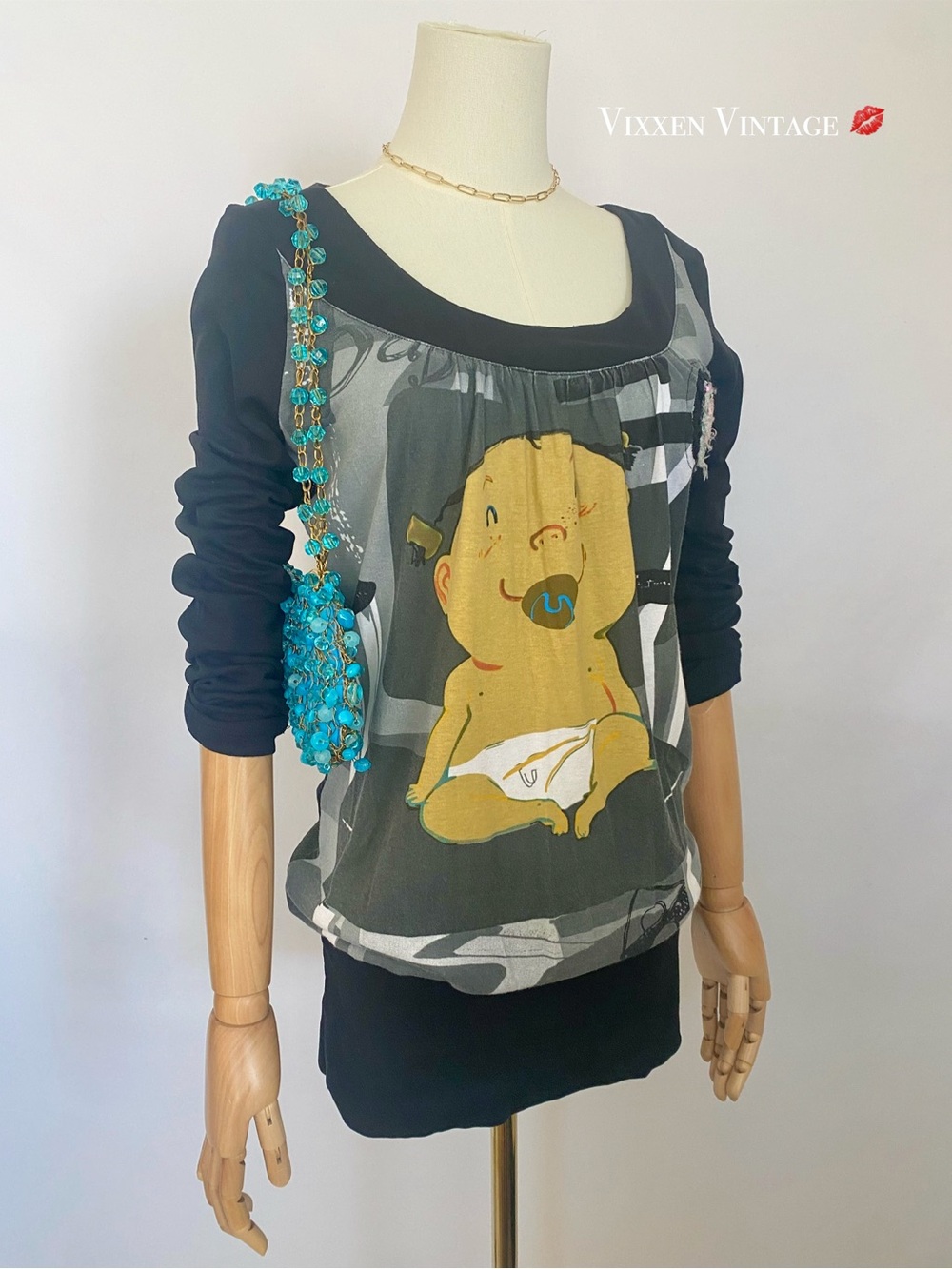 VINTAGE Y2K CUSTO BARCELONA BABY GRAPHIC LONG SLEEVE DROP WAIST MINI DRESS